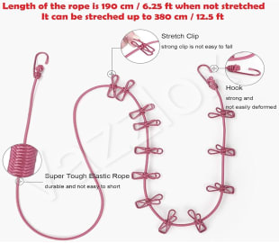 Multi Functional Drying Rope with 12 Clips and 2 Hooks (Pack of 2)
